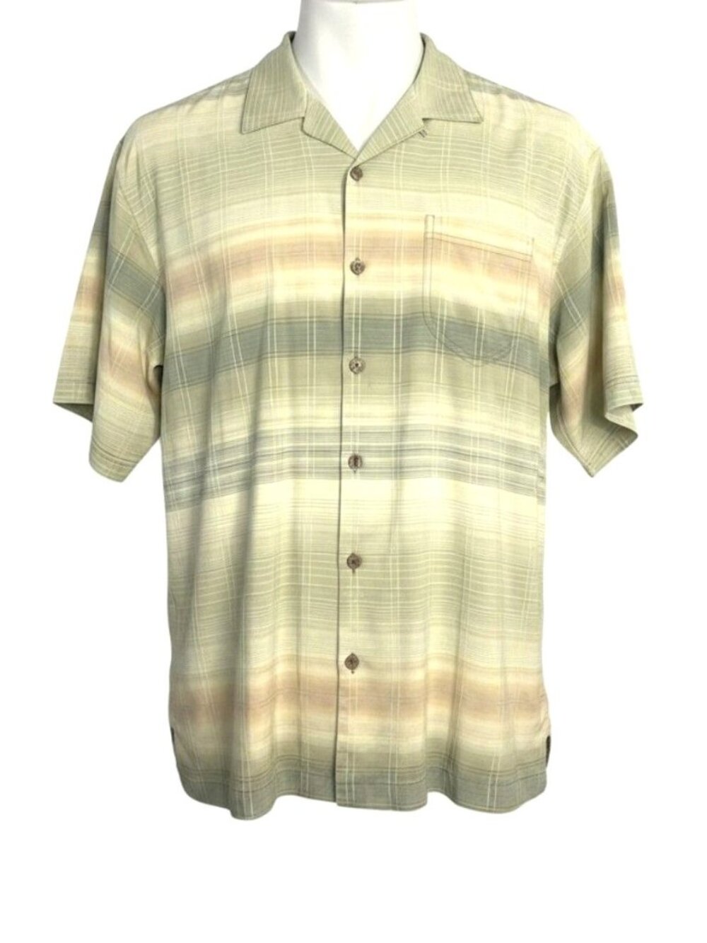 Vintage Tommy Bahama Short Sleeve Button-up Shirt Green Beige 100% Silk XL